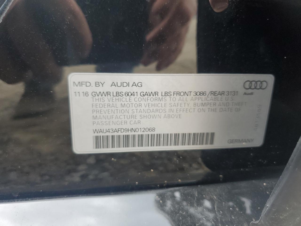 2017 Audi A8 L Quattro VIN: WAU43AFD9HN012068 Lot: 67017805