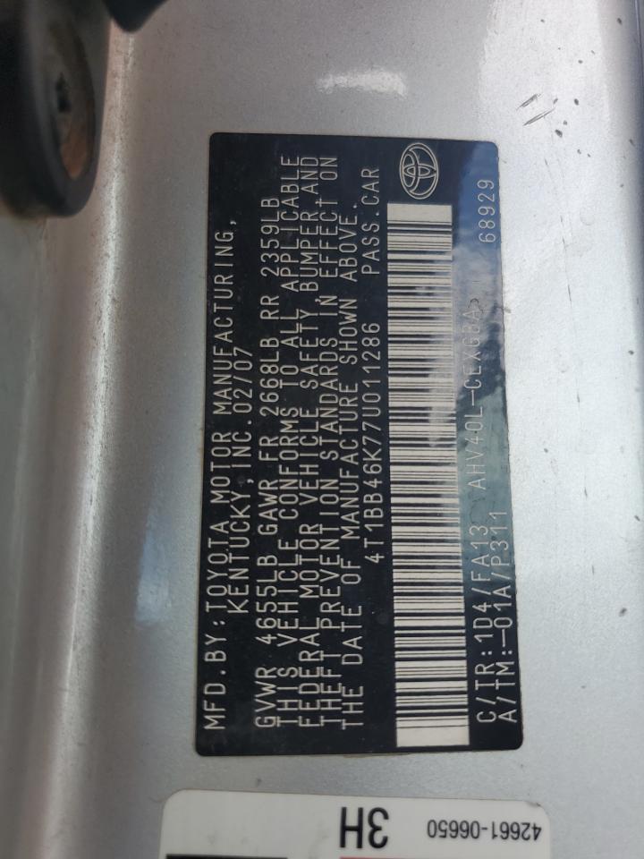 2007 Toyota Camry Hybrid VIN: 4T1BB46K77U011286 Lot: 69644635