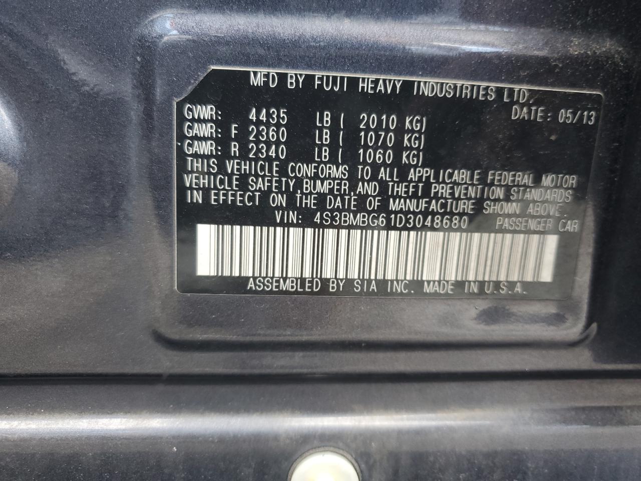 2013 Subaru Legacy 2.5I Premium VIN: 4S3BMBG61D3048680 Lot: 68082855