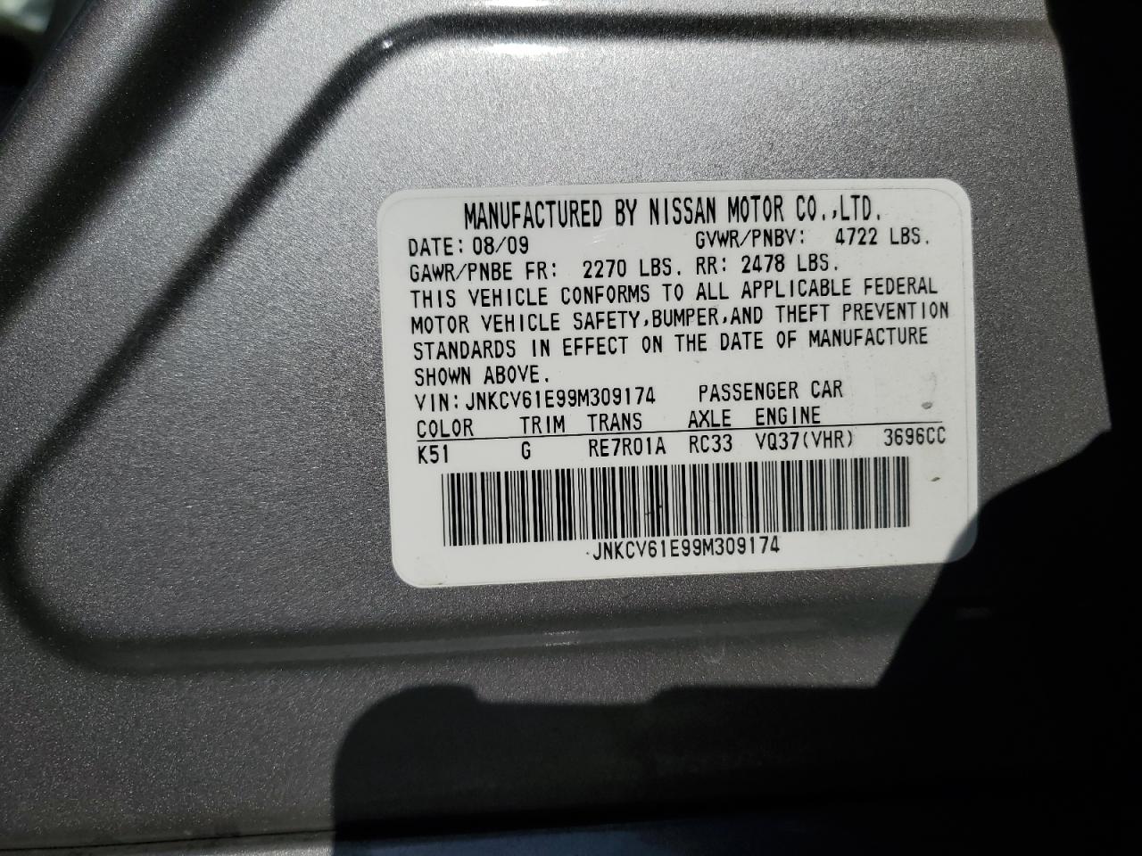 2009 Infiniti G37 Base VIN: JNKCV61E99M309174 Lot: 67600935