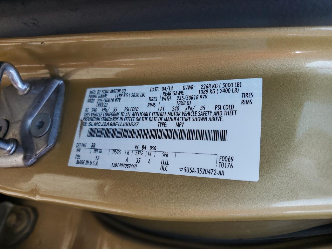 2015 Lincoln Mkc VIN: 5LMCJ2A98FUJ00537 Lot: 68067465