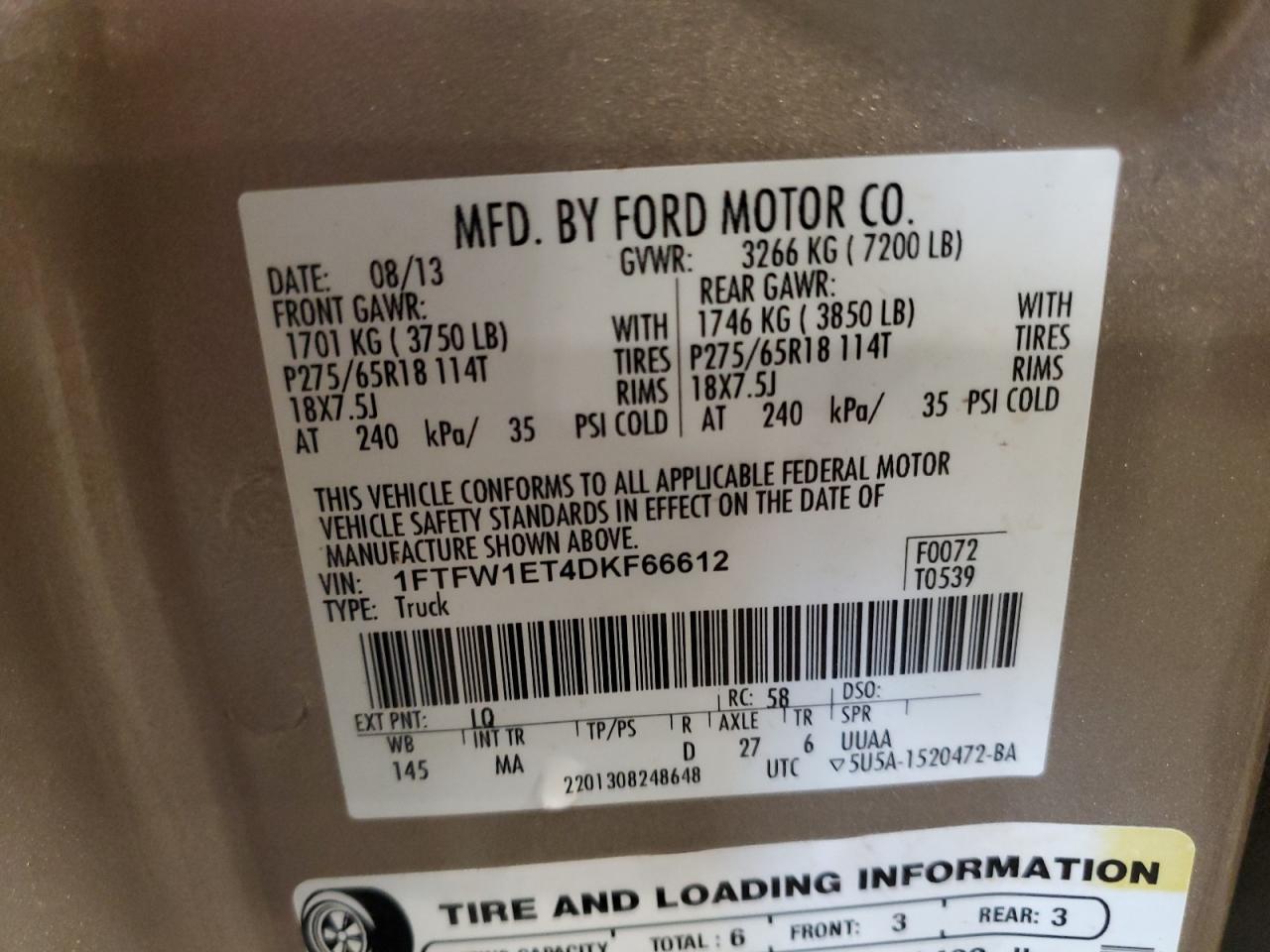 2013 Ford F150 Supercrew VIN: 1FTFW1ET4DKF66612 Lot: 67778395