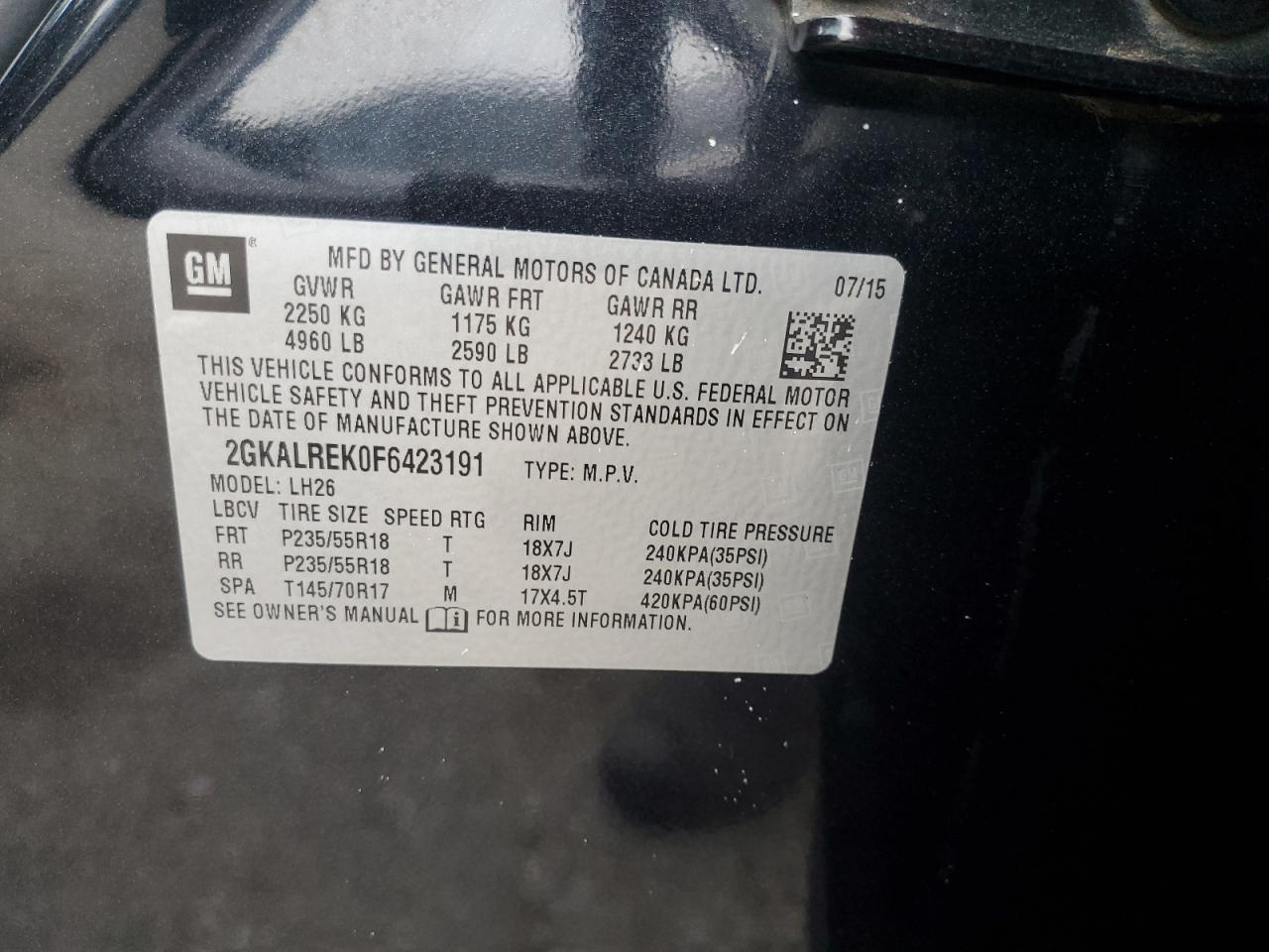 2015 GMC Terrain Sle VIN: 2GKALREK0F6423191 Lot: 69551205