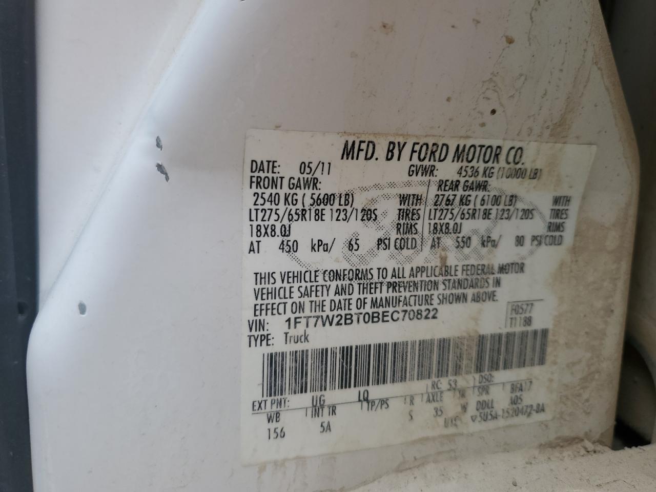 2011 Ford F250 Super Duty VIN: 1FT7W2BT0BEC70822 Lot: 69910765