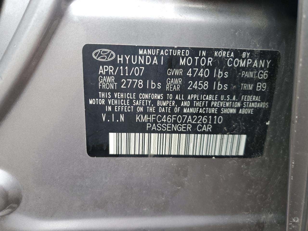 2007 Hyundai Azera Se VIN: KMHFC46F07A226110 Lot: 69391175