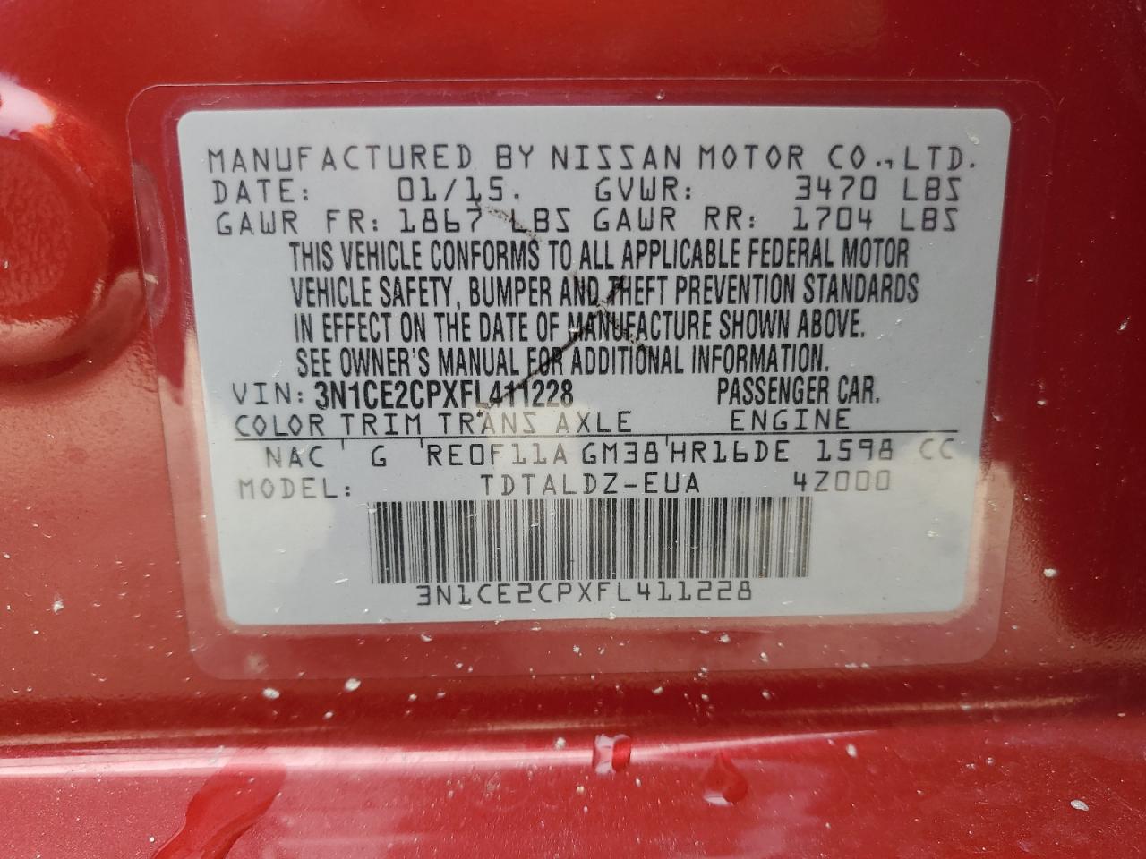 2015 Nissan Versa Note S VIN: 3N1CE2CPXFL411228 Lot: 67538185