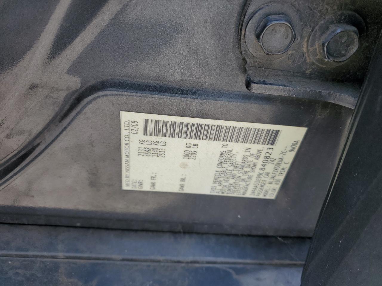 2009 Nissan Maxima S VIN: 1N4AA51E99C840823 Lot: 68884025