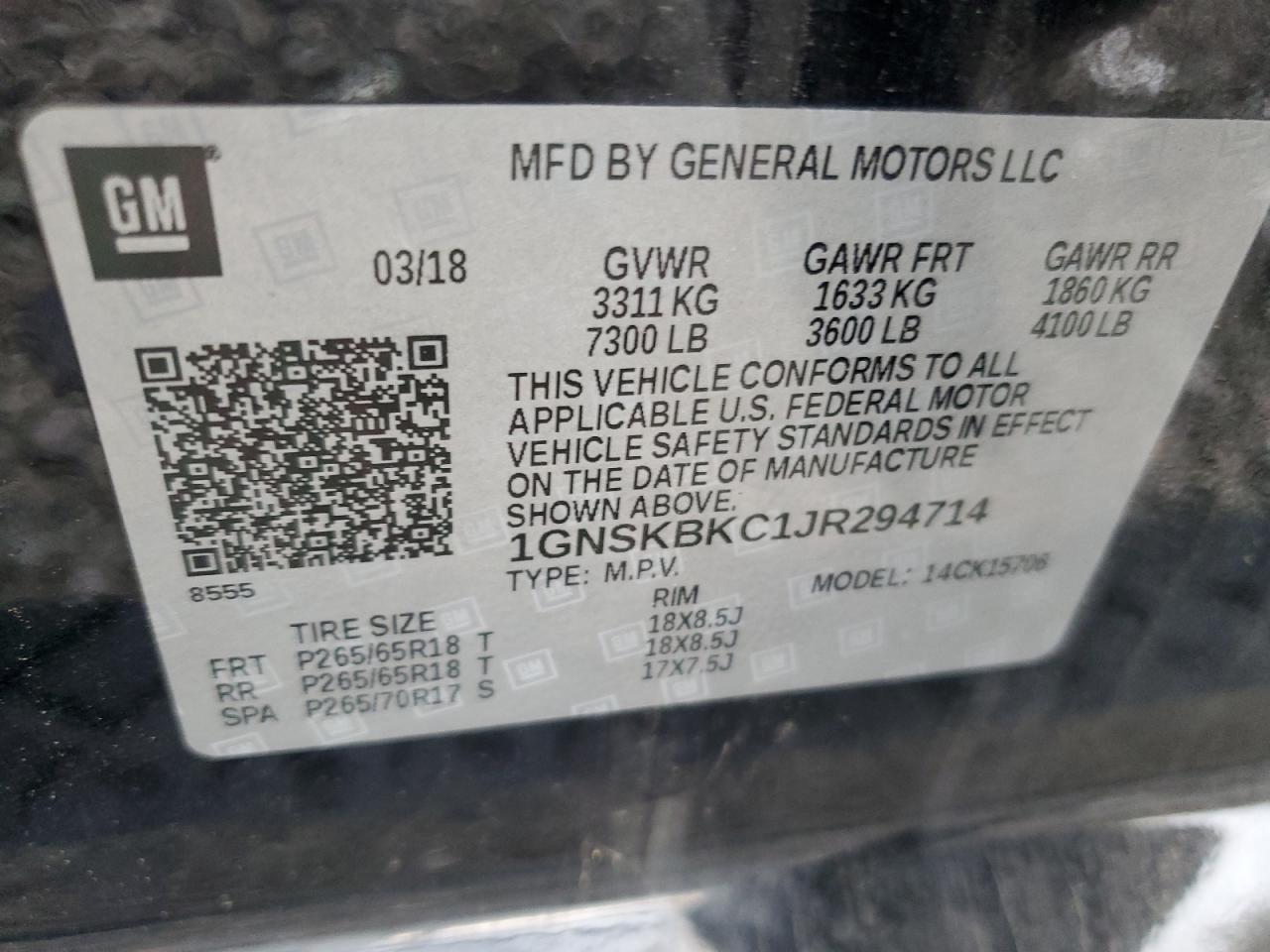 2018 Chevrolet Tahoe K1500 Lt VIN: 1GNSKBKC1JR294714 Lot: 70292005