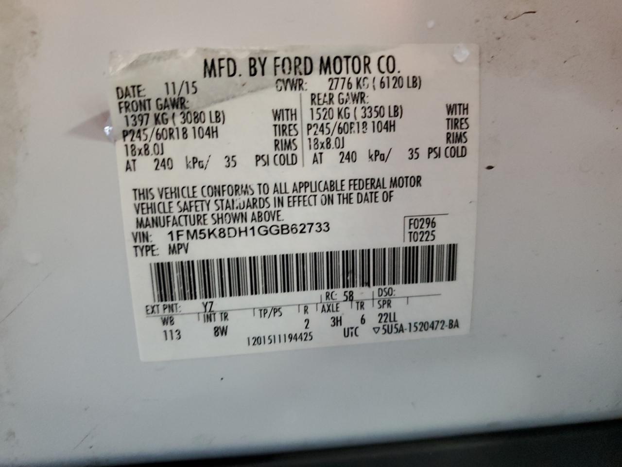 2016 Ford Explorer Xlt VIN: 1FM5K8DH1GGB62733 Lot: 70568885