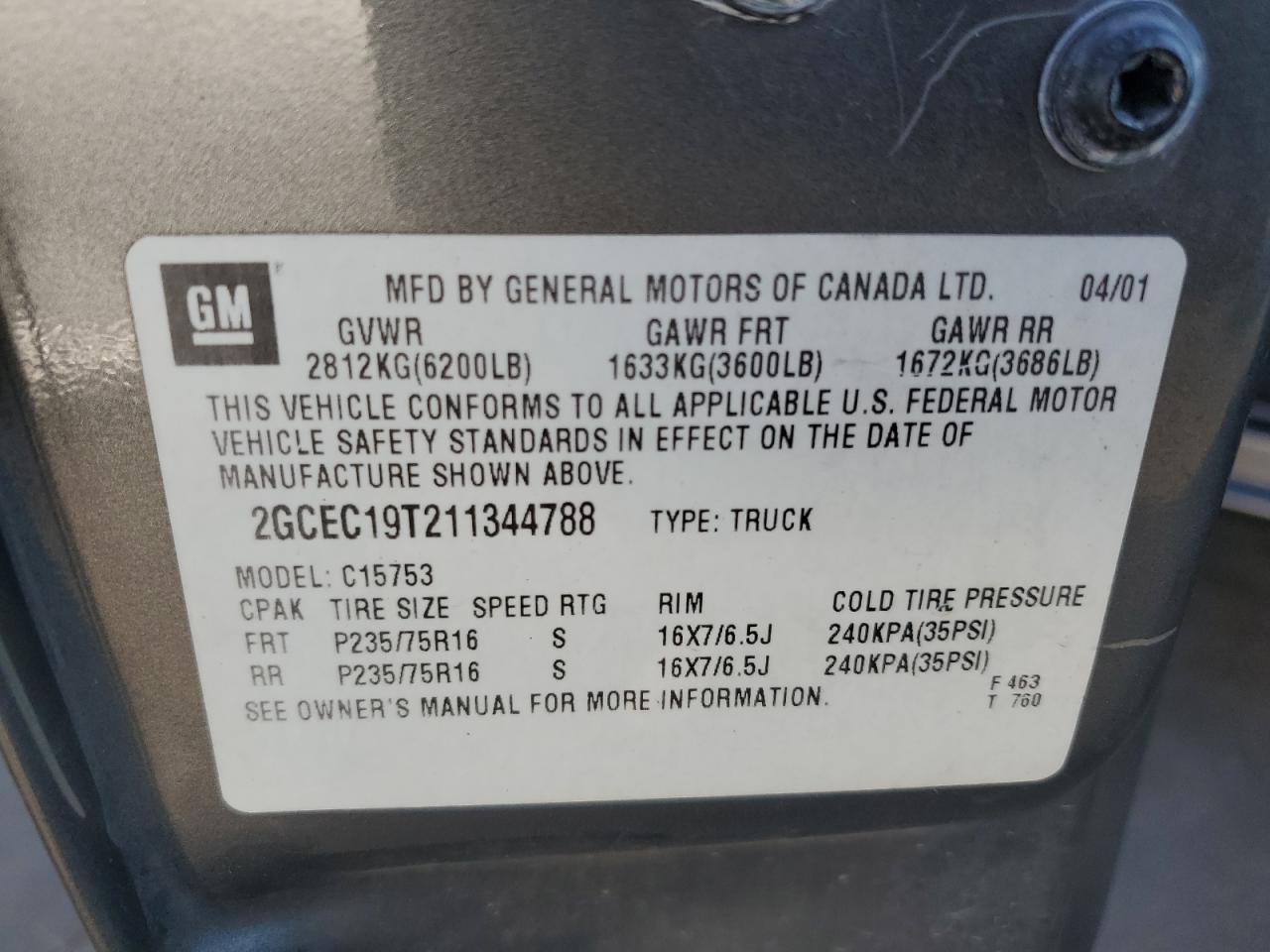 2001 Chevrolet Silverado C1500 VIN: 2GCEC19T211344788 Lot: 68184755