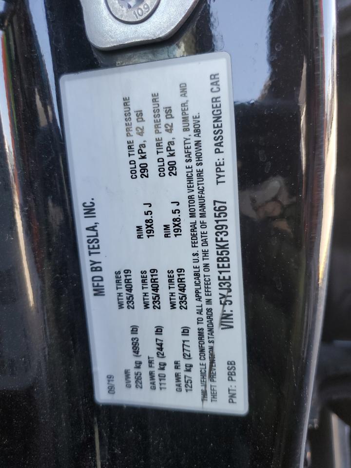 2019 Tesla Model 3 VIN: 5YJ3E1EB5KF391567 Lot: 69626785