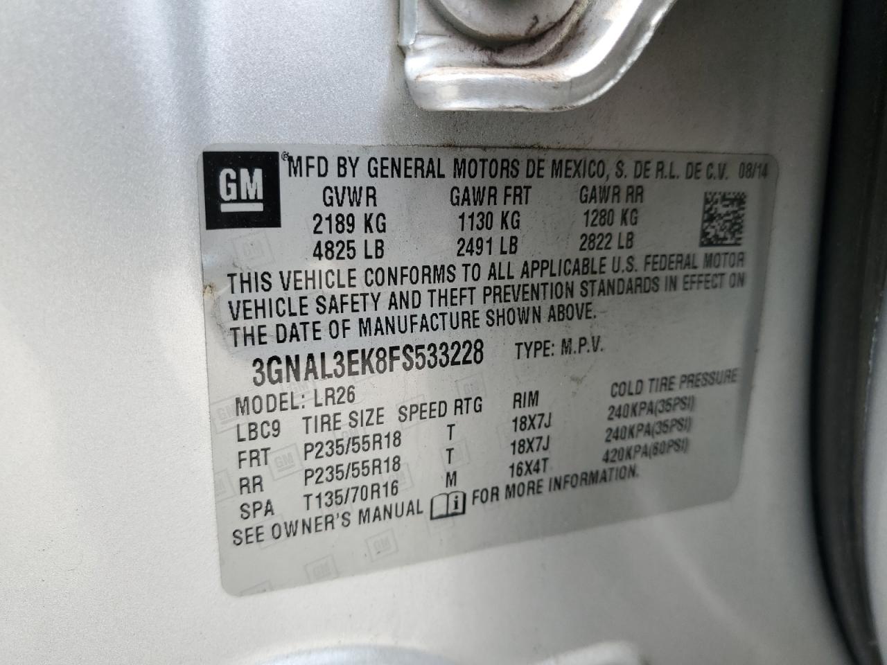 2015 Chevrolet Captiva Lt VIN: 3GNAL3EK8FS533228 Lot: 67593575