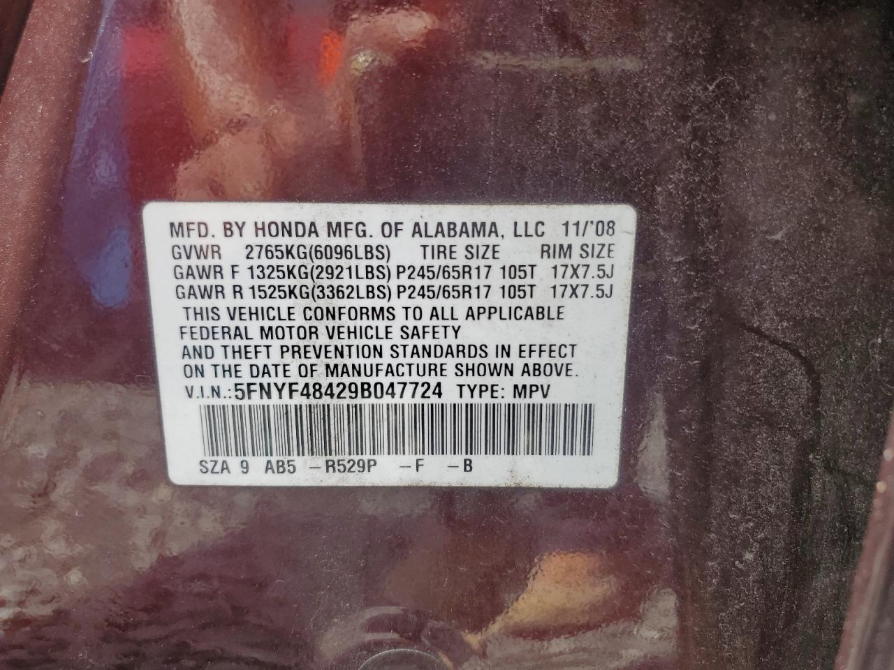 2009 Honda Pilot Ex VIN: 5FNYF48429B047724 Lot: 67718845