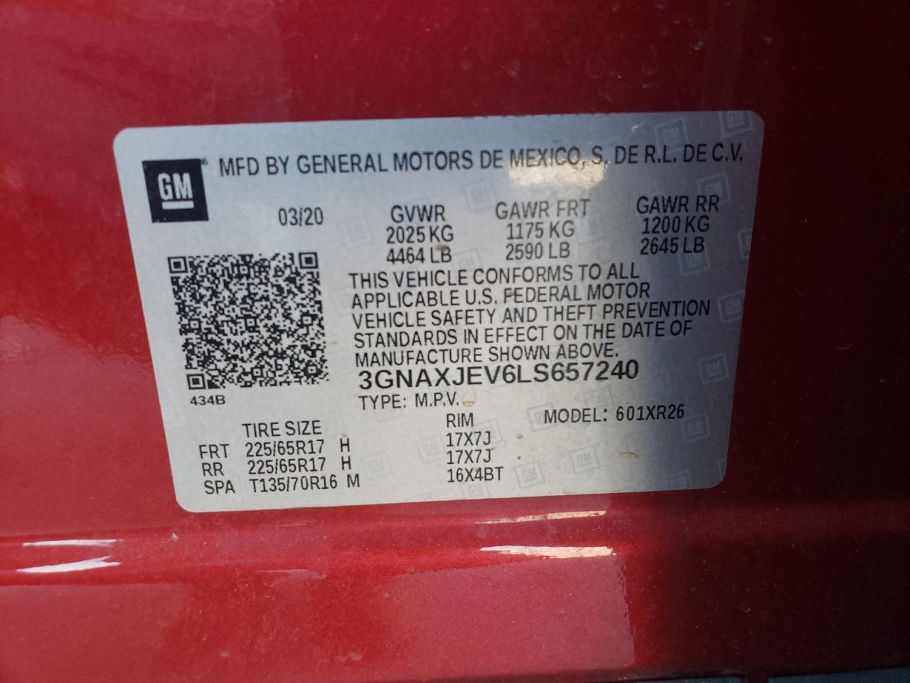 2020 Chevrolet Equinox Lt VIN: 3GNAXJEV6LS657240 Lot: 68322185