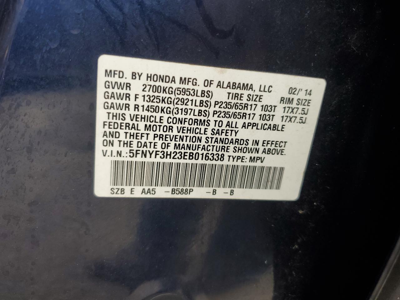 2014 Honda Pilot Lx VIN: 5FNYF3H23EB016338 Lot: 70862125