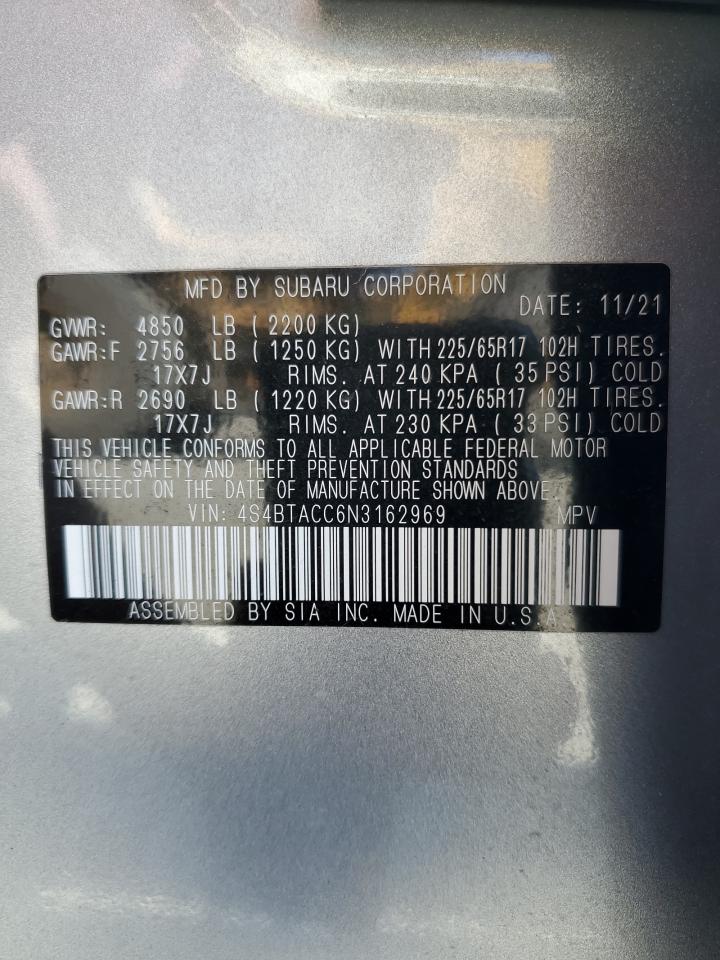 2022 Subaru Outback Premium VIN: 4S4BTACC6N3162969 Lot: 70531055