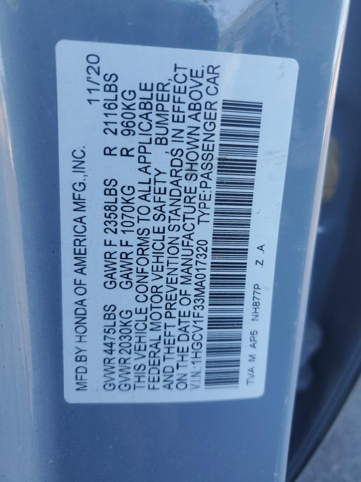 2021 Honda Accord Sport VIN: 1HGCV1F33MA017320 Lot: 69191755