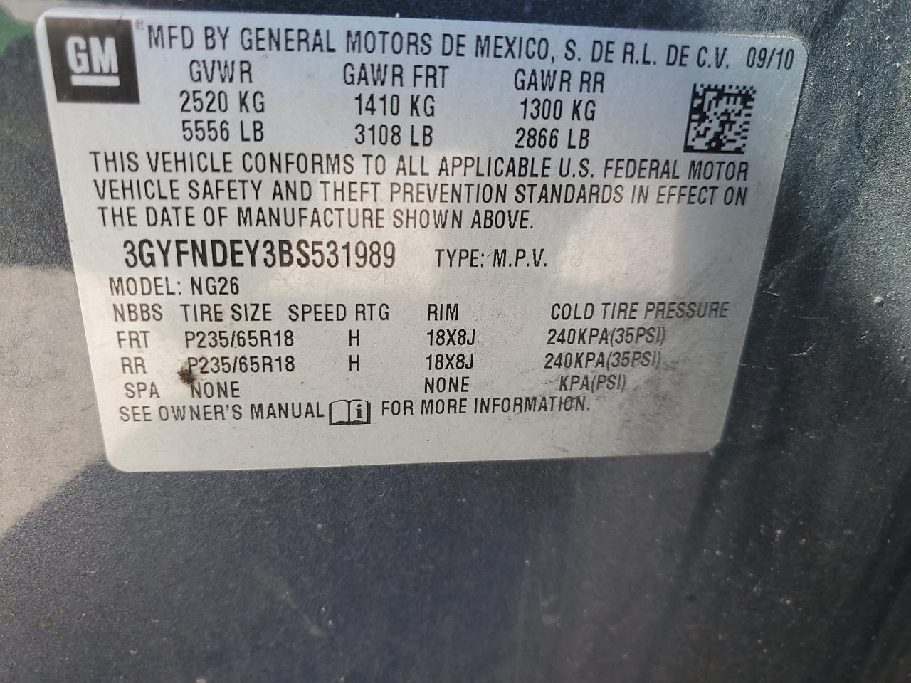 2011 Cadillac Srx Luxury Collection VIN: 3GYFNDEY3BS531989 Lot: 69086865