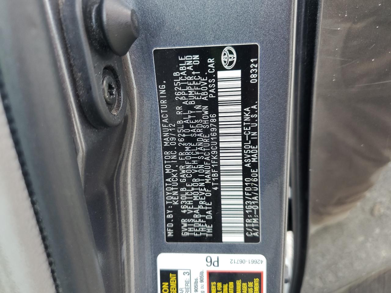 4T1BF1FK9CU169786 2012 Toyota Camry Base