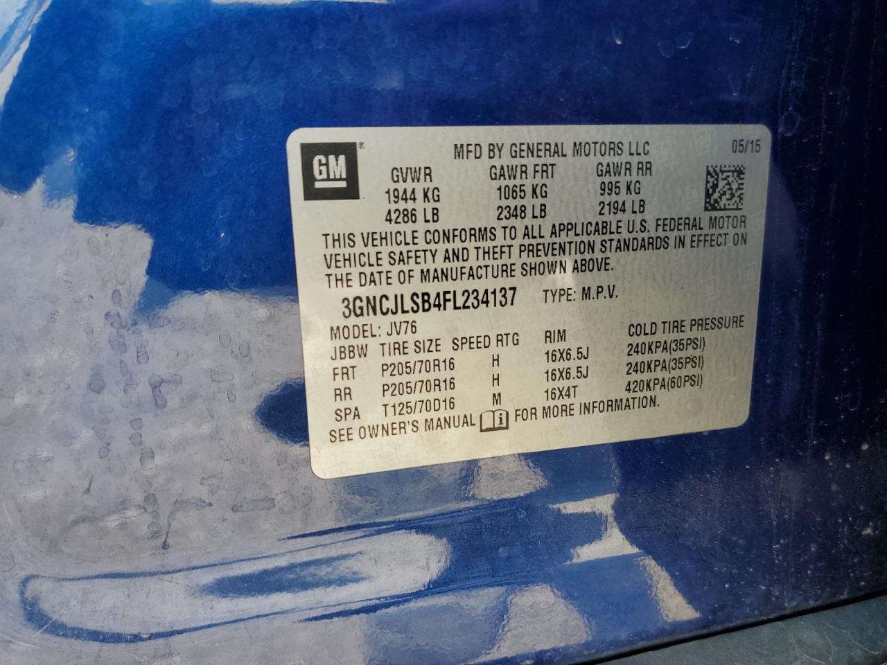 2015 Chevrolet Trax 1Lt VIN: 3GNCJLSB4FL234137 Lot: 66902365