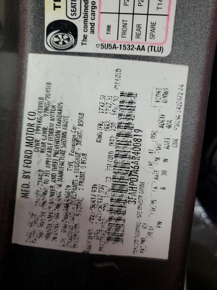 2010 Ford Fusion Sel VIN: 3FAHP0JA6AR400819 Lot: 70011375