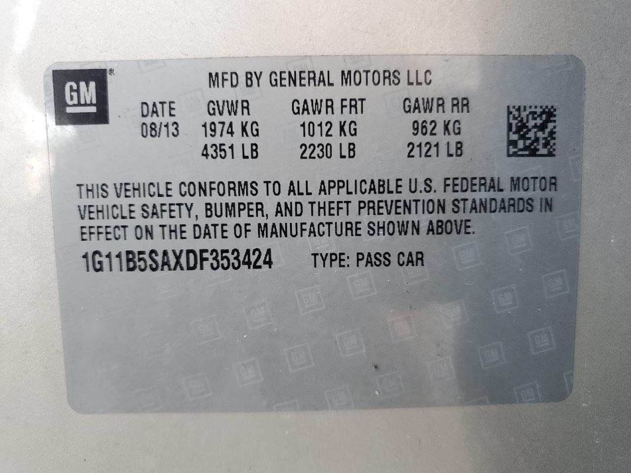 2013 Chevrolet Malibu Ls VIN: 1G11B5SAXDF353424 Lot: 67908495