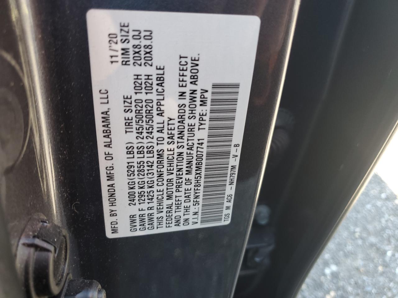 2021 Honda Passport Exl VIN: 5FNYF8H5XMB007741 Lot: 65914745