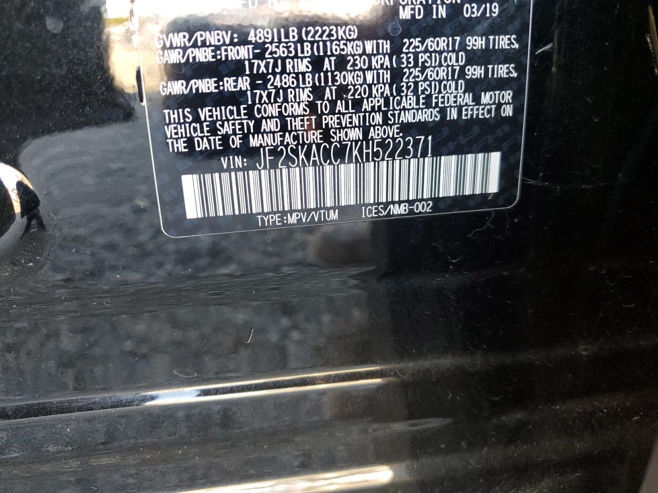 2019 Subaru Forester VIN: JF2SKACC7KH522371 Lot: 70312815