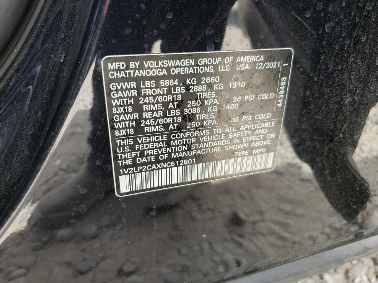 2022 Volkswagen Atlas Se VIN: 1V2LP2CAXNC512801 Lot: 67851795