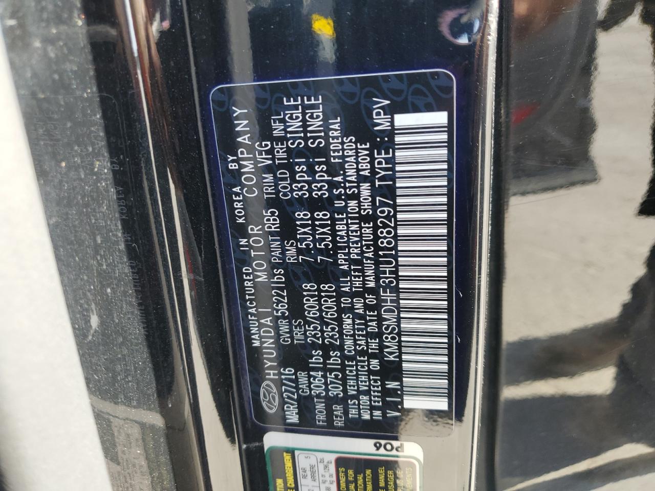 2017 Hyundai Santa Fe Se VIN: KM8SMDHF3HU188297 Lot: 69822835