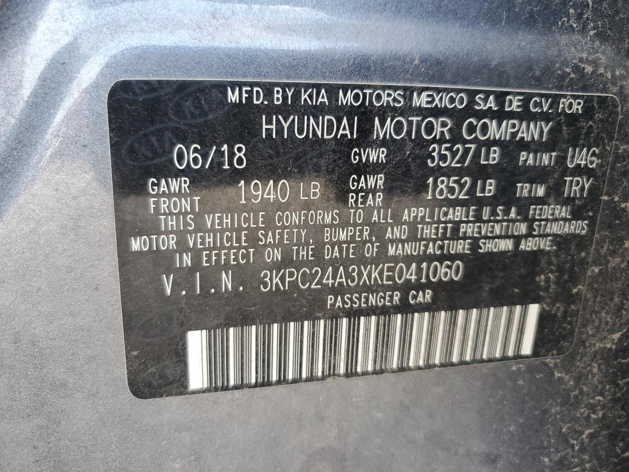 2019 Hyundai Accent Se VIN: 3KPC24A3XKE041060 Lot: 85878535