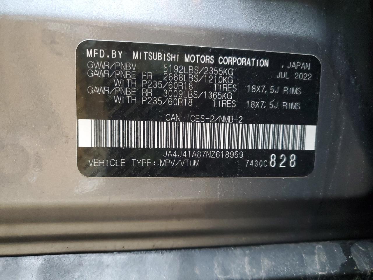 2022 Mitsubishi Outlander Es VIN: JA4J4TA87NZ618959 Lot: 67892825