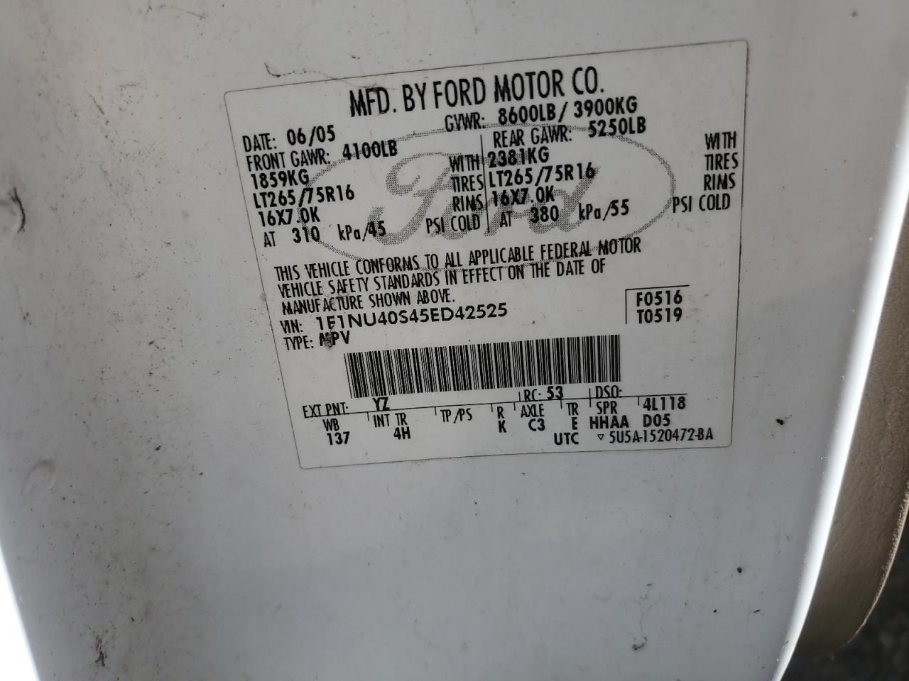 2005 Ford Excursion Xlt VIN: 1F1NU40S45ED42525 Lot: 66526965