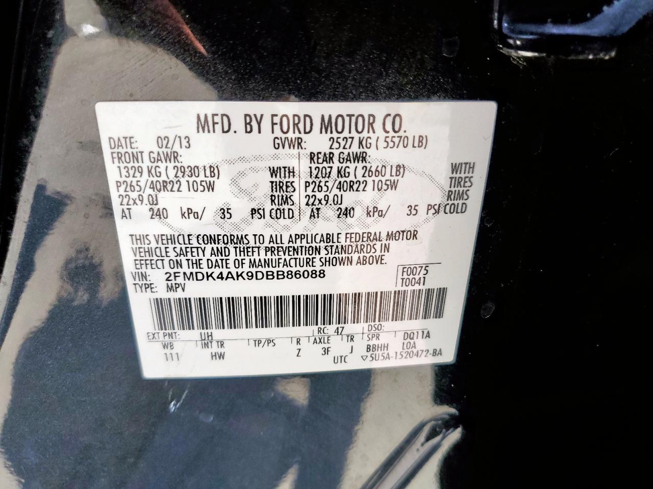 2013 Ford Edge Sport VIN: 2FMDK4AK9DBB86088 Lot: 67750705