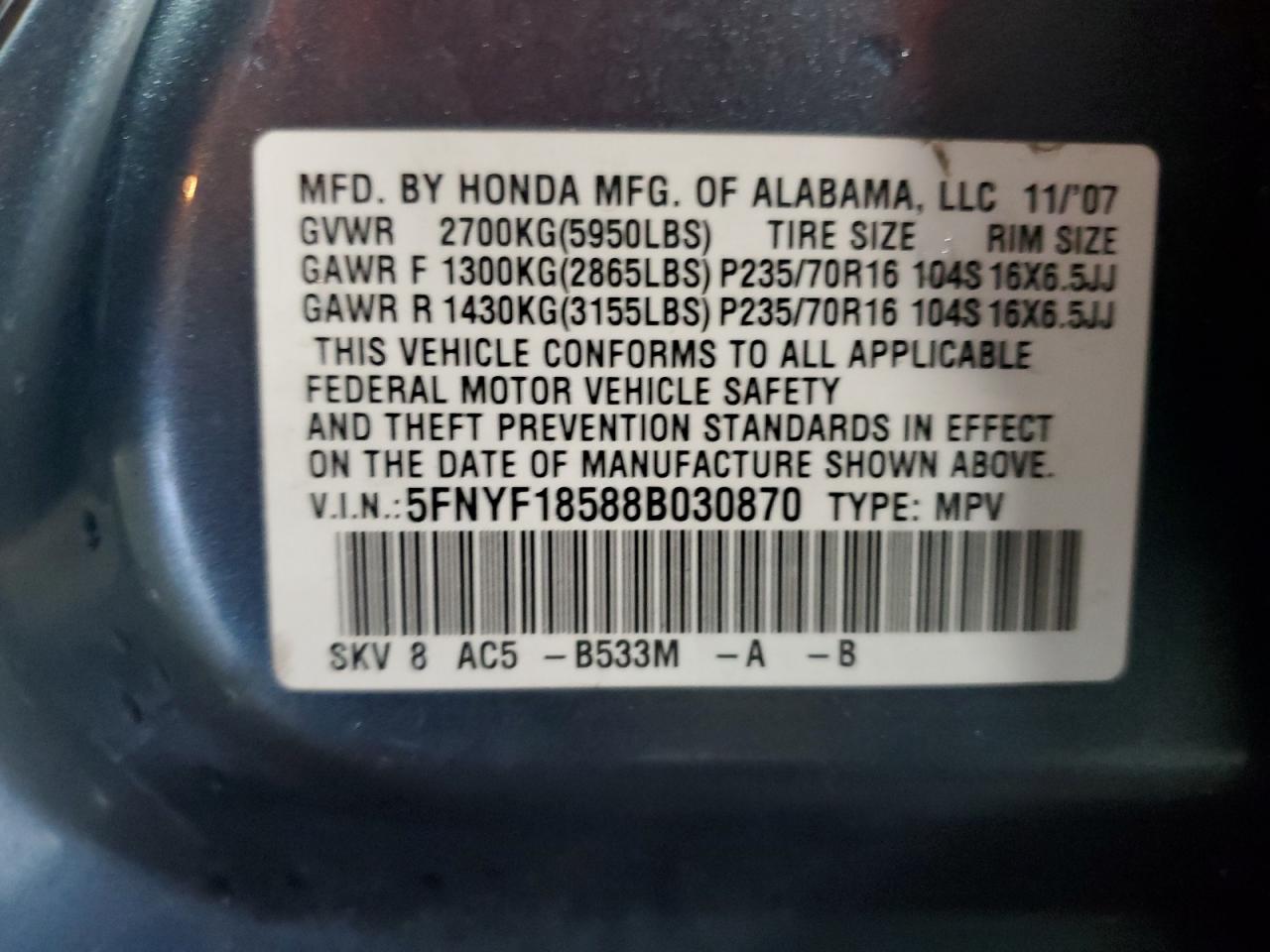 2008 Honda Pilot Exl VIN: 5FNYF18588B030870 Lot: 70532695