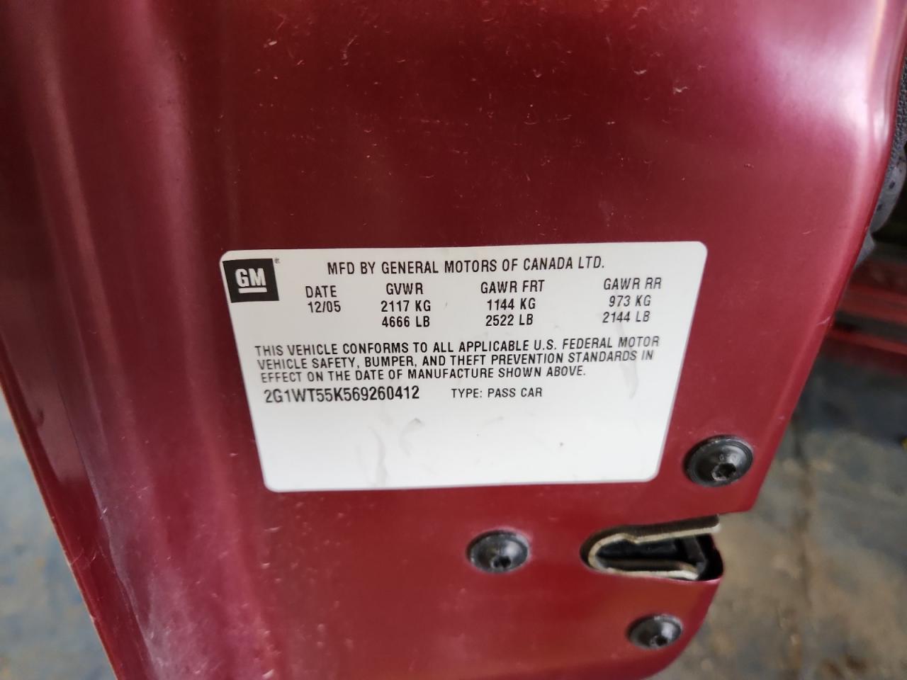 2006 Chevrolet Impala Lt VIN: 2G1WT55K569260412 Lot: 70701935