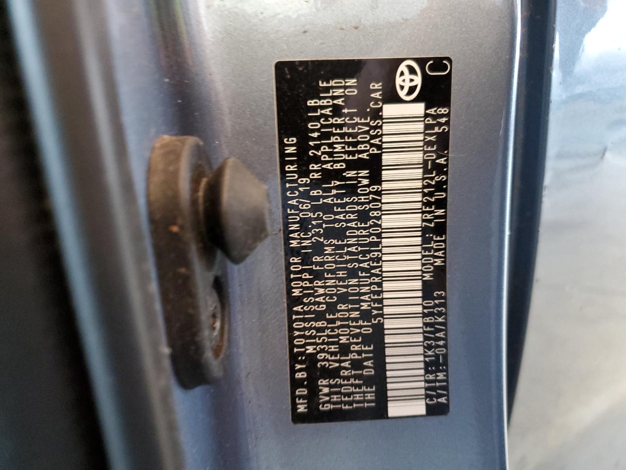 2020 Toyota Corolla Le VIN: 5YFEPRAE9LP028079 Lot: 69856525