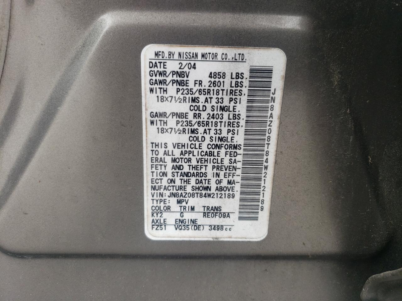 2004 Nissan Murano Sl VIN: JN8AZ08T84W212189 Lot: 68448825