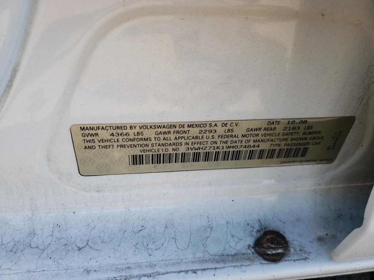 2009 Volkswagen Jetta S VIN: 3VWHZ71K19M074844 Lot: 83773565