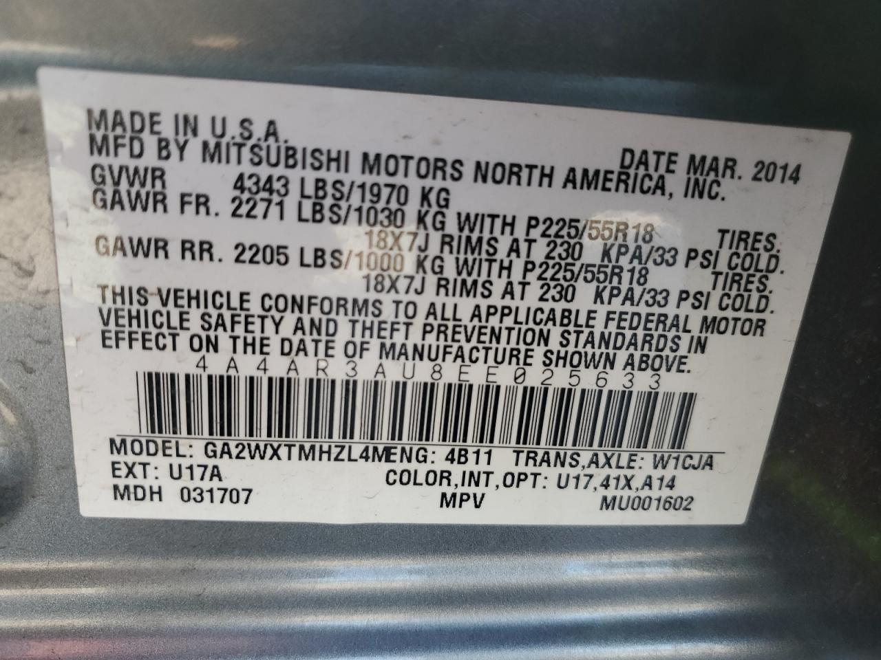 2014 Mitsubishi Outlander Sport Es VIN: 4A4AR3AU8EE025633 Lot: 85384915