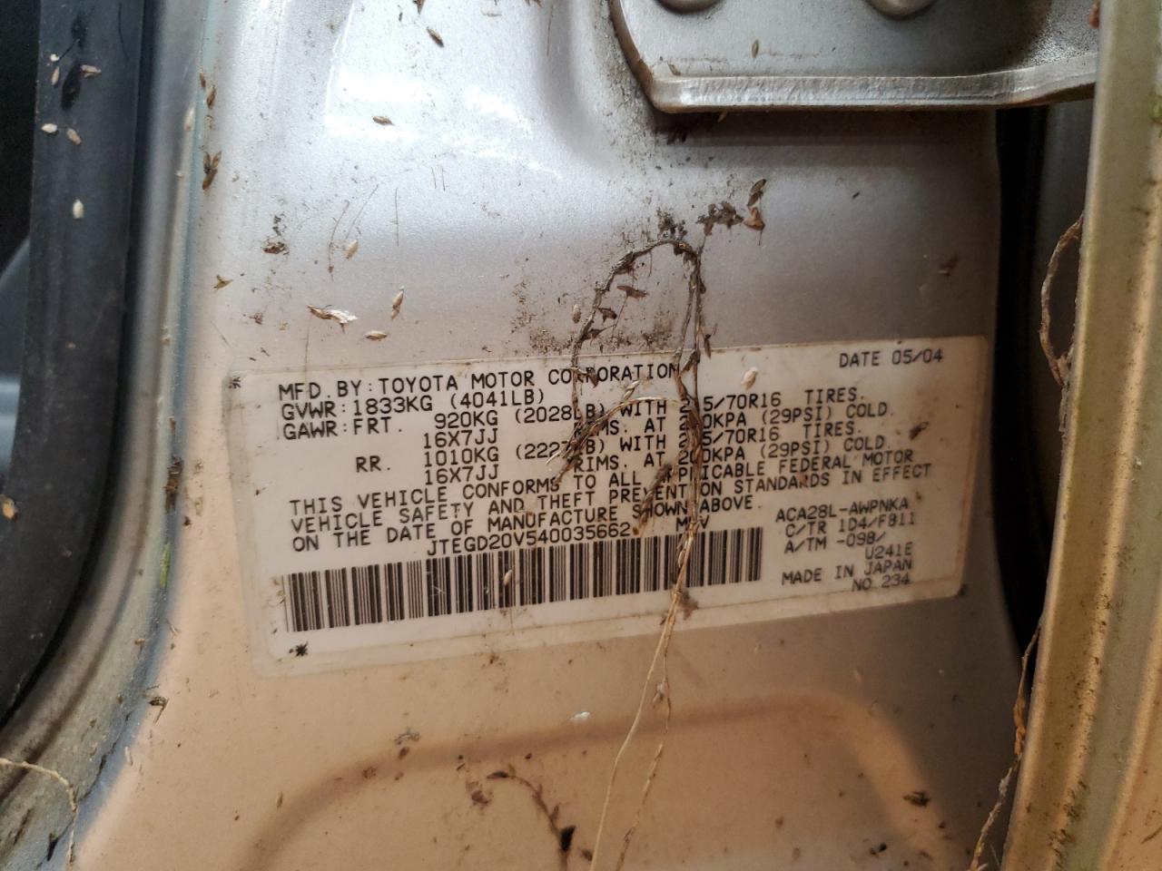 2004 Toyota Rav4 VIN: JTEGD20V540035Y62 Lot: 70056305