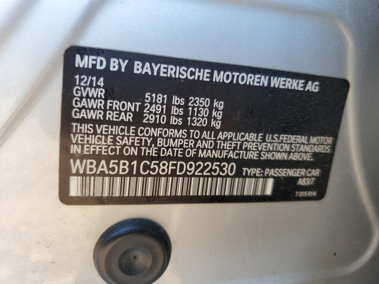 2015 BMW 535 I VIN: WBA5B1C58FD922530 Lot: 68297295