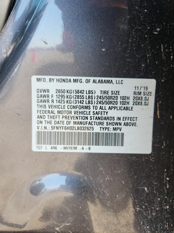 2020 Honda Pilot Elite VIN: 5FNYF6H02LB032625 Lot: 69782685