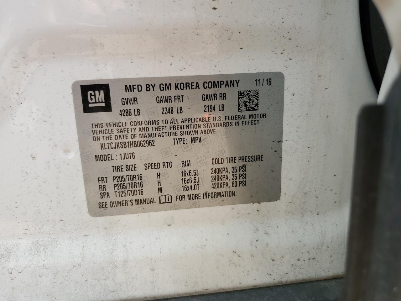 2017 Chevrolet Trax Ls VIN: KL7CJKSB1HB062962 Lot: 70706275