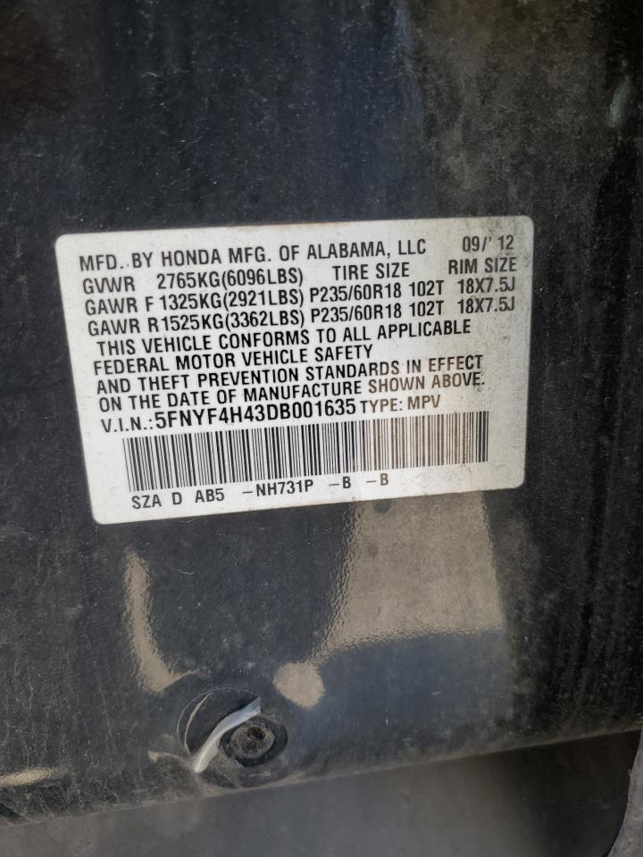 2013 Honda Pilot Ex VIN: 5FNYF4H43DB001635 Lot: 70462085