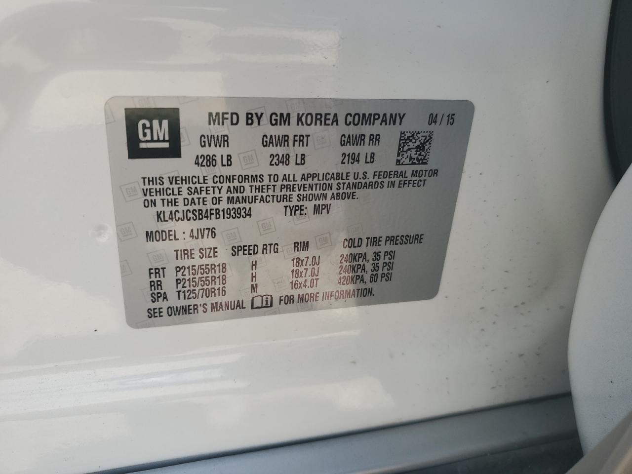 2015 Buick Encore VIN: KL4CJCSB4FB193934 Lot: 67621235