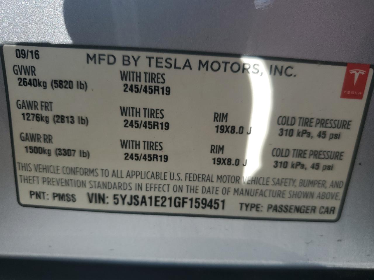 2016 Tesla Model S VIN: 5YJSA1E21GF159451 Lot: 70031535