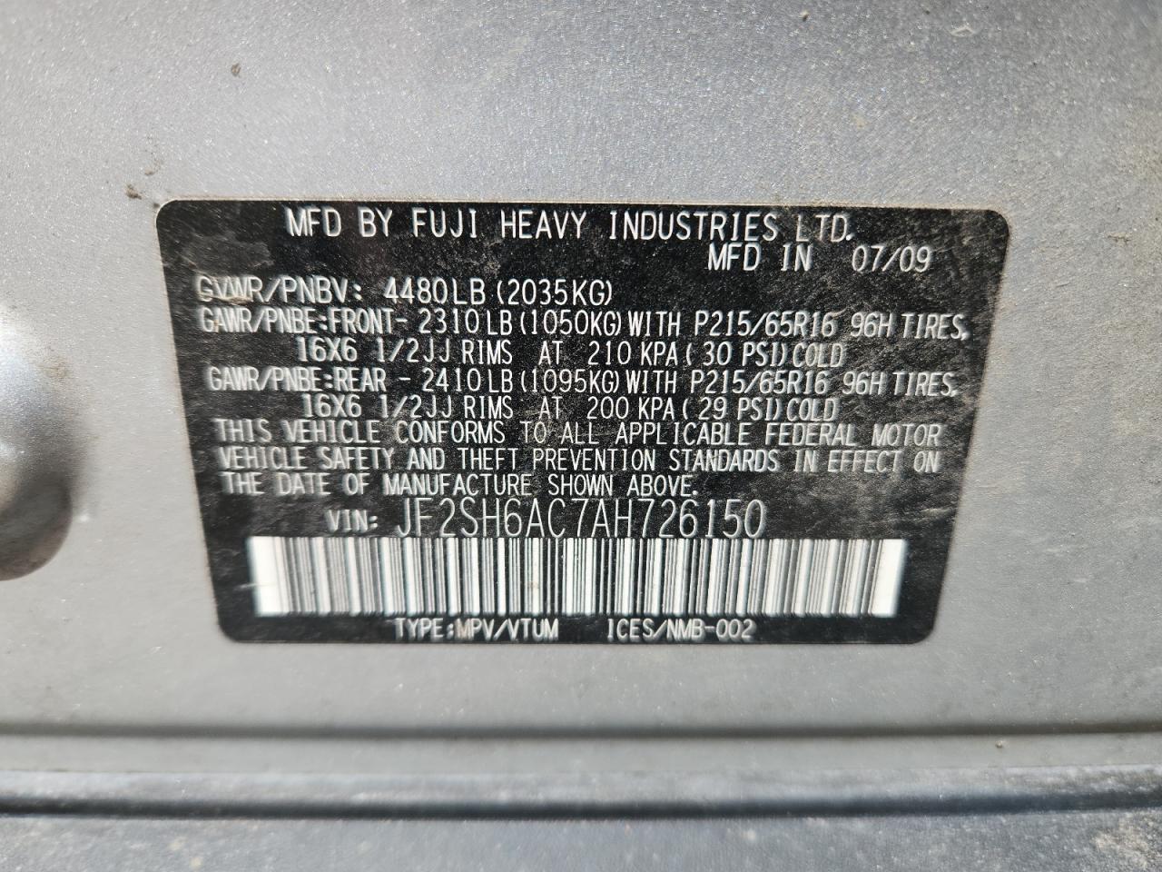 2010 Subaru Forester 2.5X VIN: JF2SH6AC7AH726150 Lot: 70696995