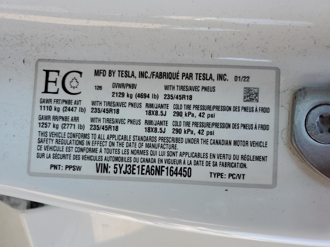 2022 Tesla Model 3 VIN: 5YJ3E1EA6NF164450 Lot: 68526605