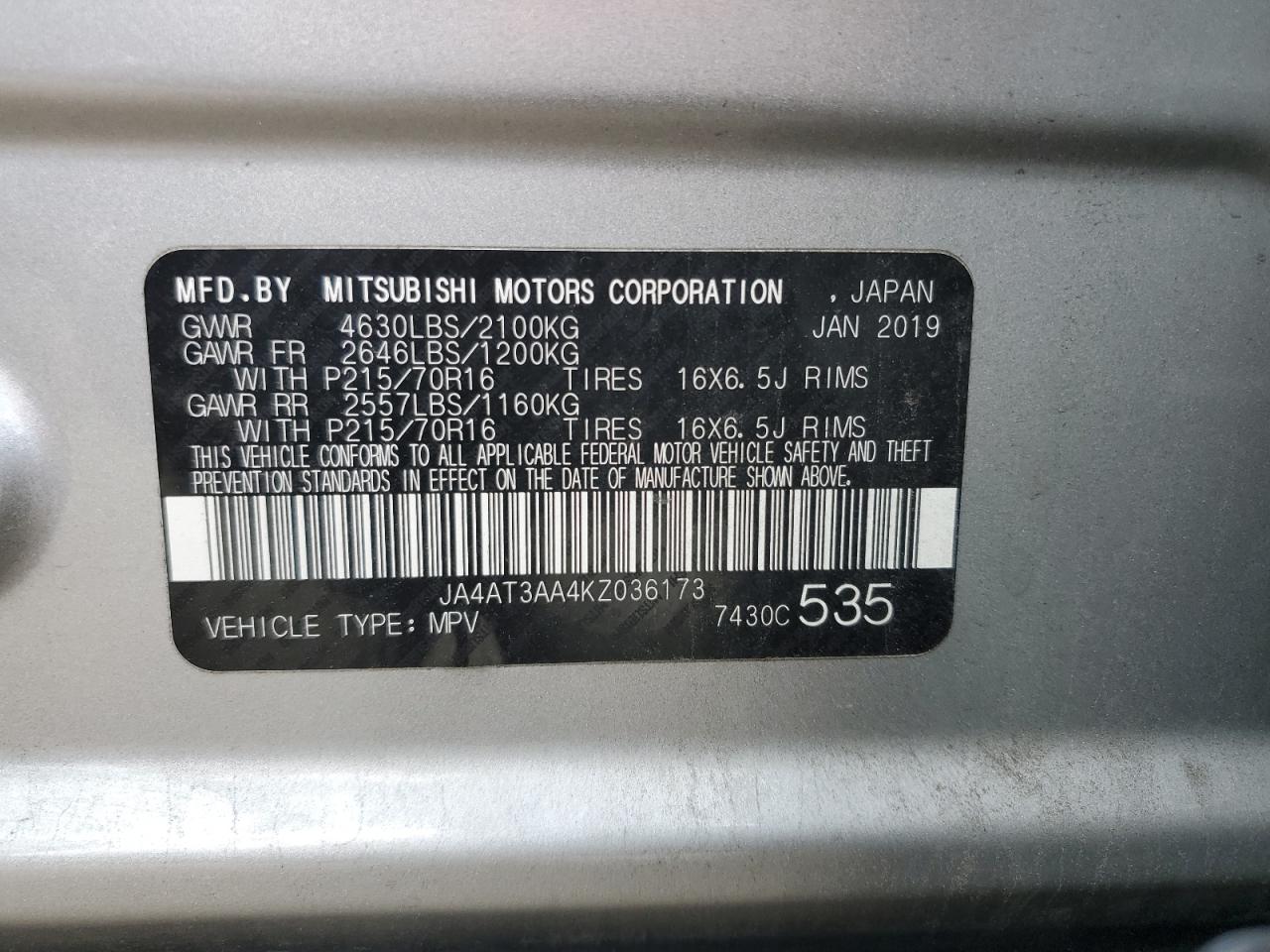 2019 Mitsubishi Eclipse Cross Es VIN: JA4AT3AA4KZ036173 Lot: 70477155